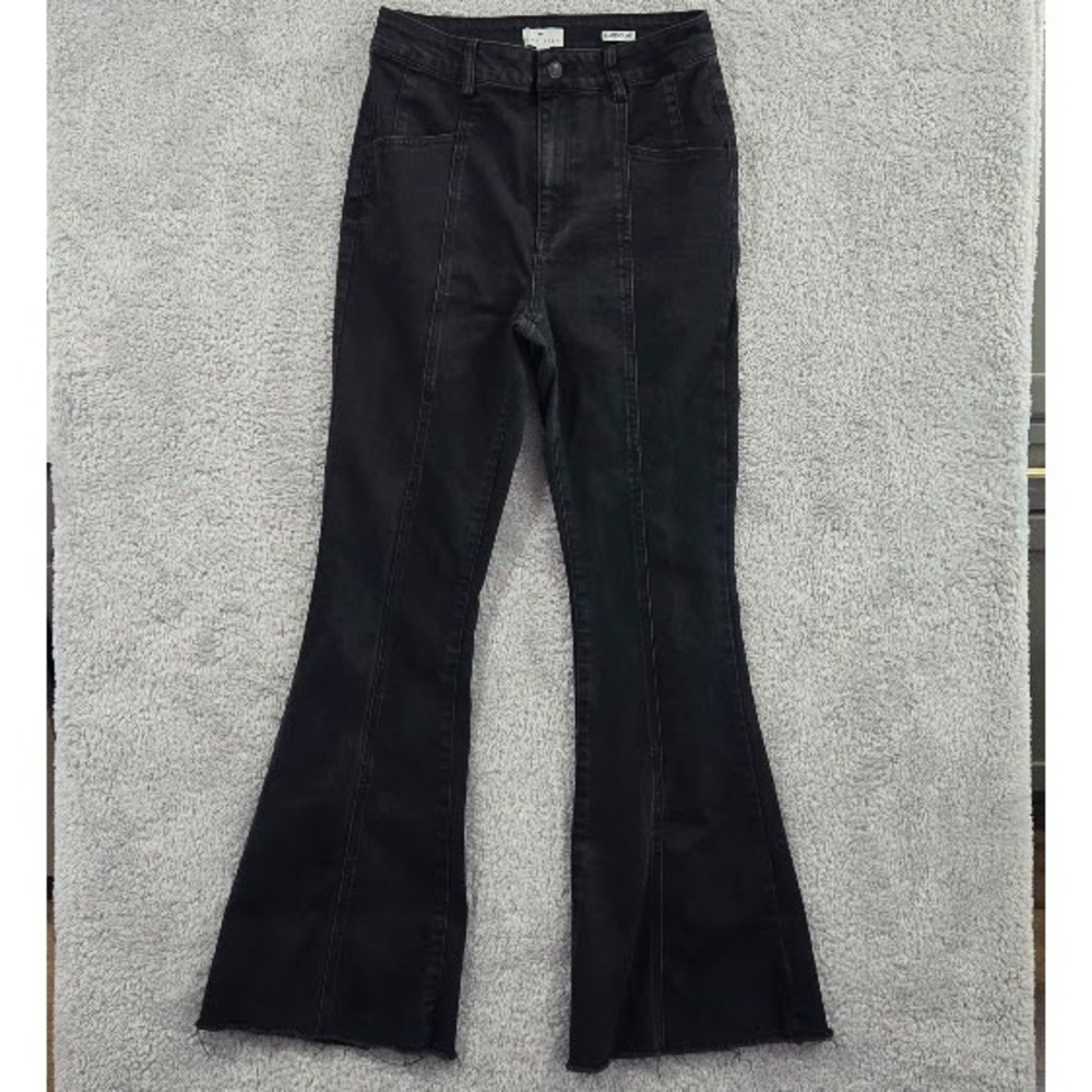 True Craft Seam Front Flare Jeans Women's 10 Black High Rise Raw Hem Denim Retro
